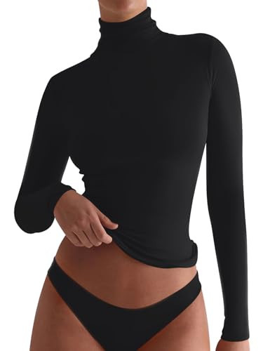 PINKMSTYLE Womens Mock Turtleneck Long Sleeve Black T Shirts Double Lined Fitted Tops Fall Small | Amazon (US)