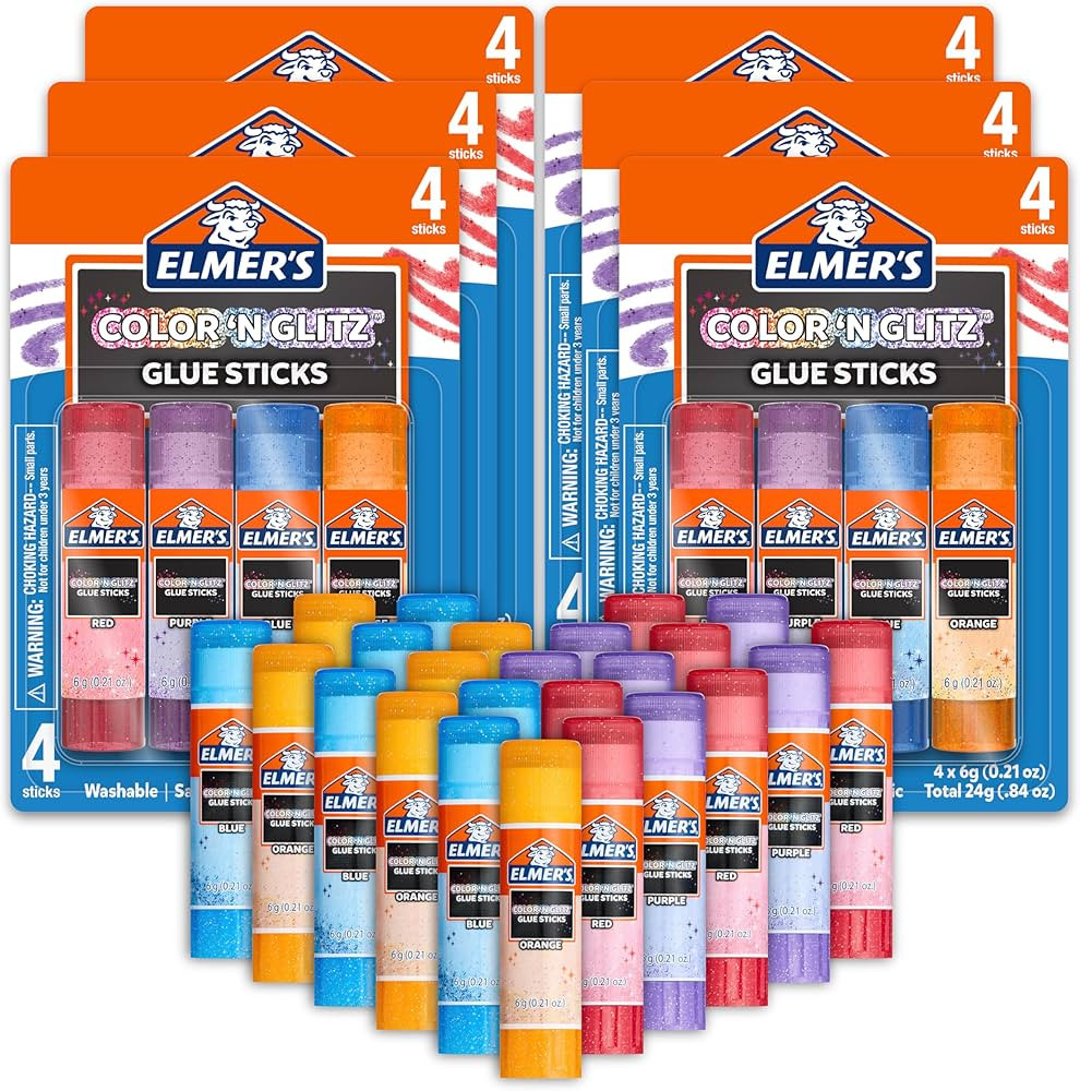 Elmer’s Color 'n Glitz Glue Sticks, Washable, Assorted Colors, 24 Count (6 Packs of 4) | Amazon (US)
