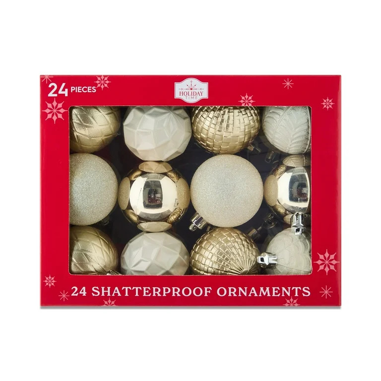 24-Count Champagne, Cream, and White Shatterproof Multi-Textured Christmas Ornaments, 2.36 in, by... | Walmart (US)
