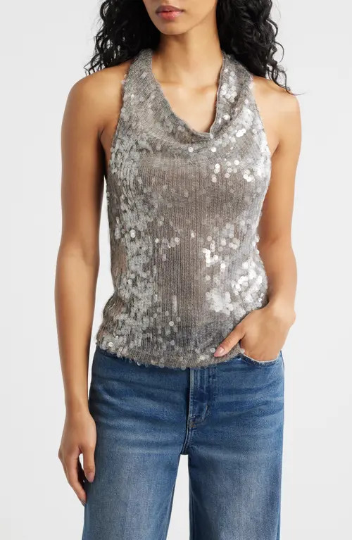 MANGO Sleeveless Sequin Halter Top in Silver at Nordstrom, Size Small | Nordstrom