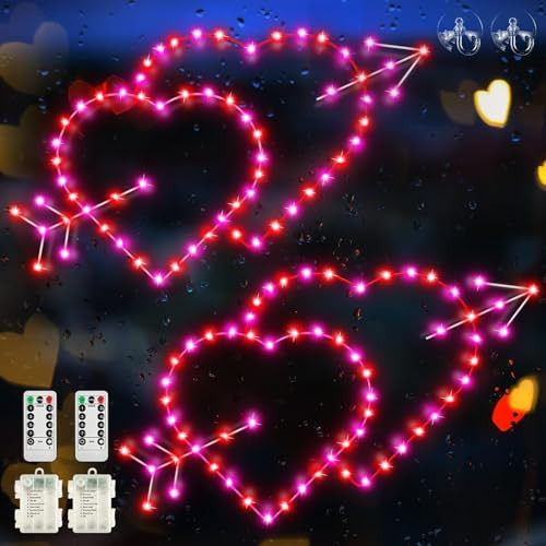 Kenburg 2 Pack [Timer] Valentines's Day Window Lights Decorations, 16'' Red Pink Double Heart Lighted 8 Mode Silhouette Light with Remote Valentines LED Heart Lamp Indoor Outdoor Bedroom Home Decor | Amazon (US)