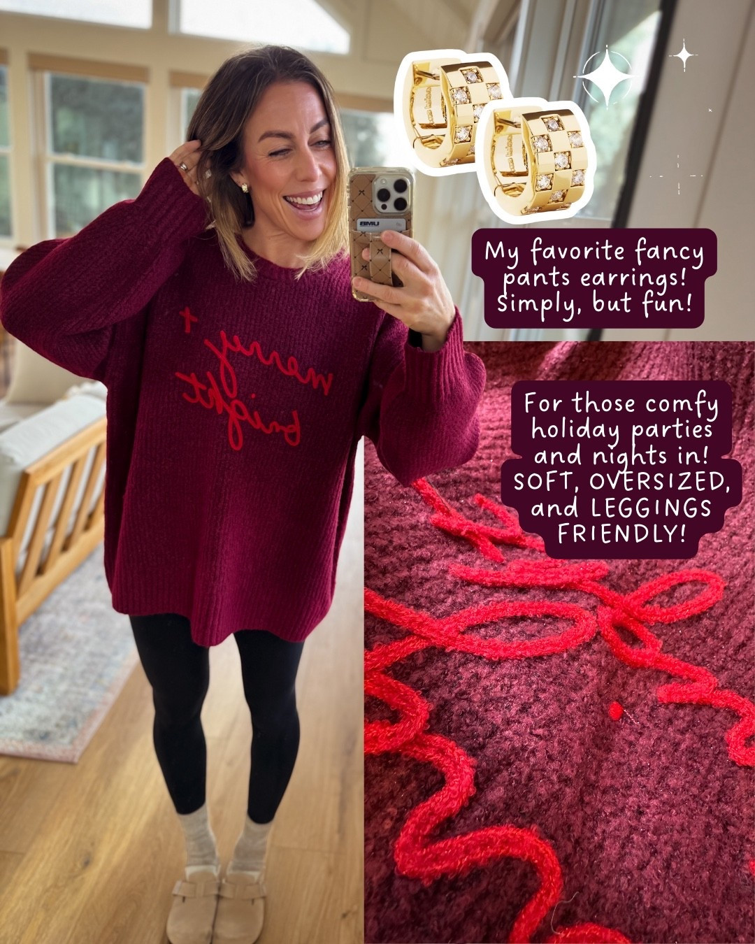 If comfy cozy is your holiday vibe, this oversize sweater, leggings, and fancy earrings are the way to go!💋🥂✨

#LTKOver40 #LTKSeasonal #LTKHoliday
