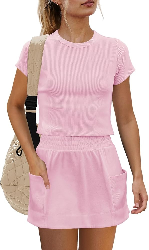 Yanekop Womens 2 Piece Tennis Skirt Sets Outfits Two Piece Matching Lounge Sets Short Sleeve Ribb... | Amazon (US)