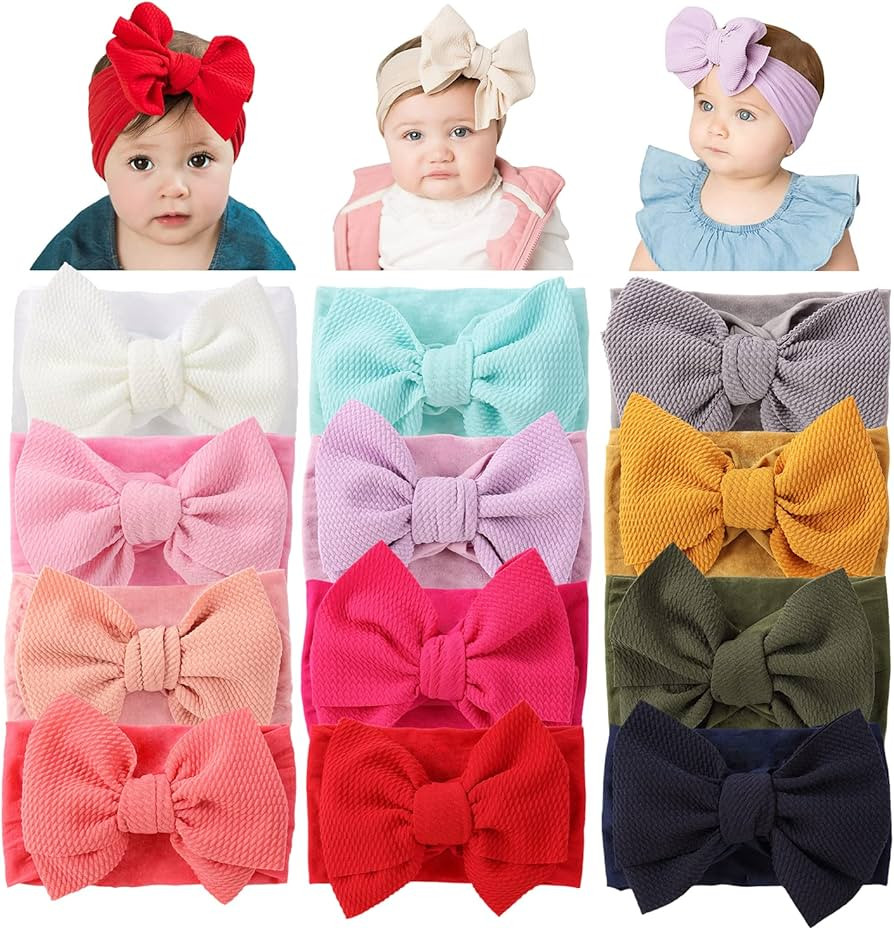 Cinaci 12 Pack Oversized Colorful Solid Stretchy Nylon Headbands with Big Bow Large Knot Hair Bow... | Amazon (US)