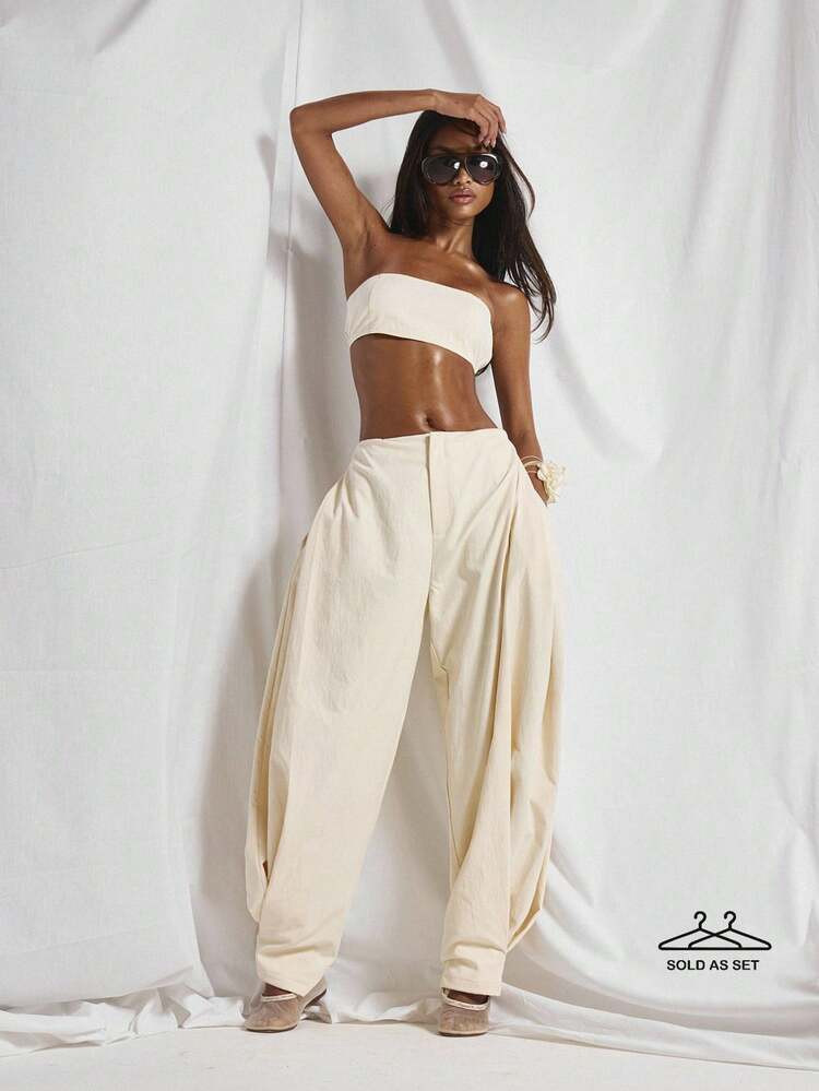 MUSERA Bandeau Shirred Top Mid Rise Pleated Panel Balloon Tapered Trouser Sold As Set Cute Holiday Night Out Vacation Spring Summer Elegant Soleil Drape | SHEIN