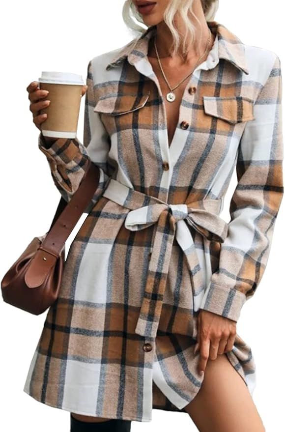 Women Flannel Plaid Shirt Dress Button Down Long Sleeve Lapel Casual Dress with Belt | Amazon (US)