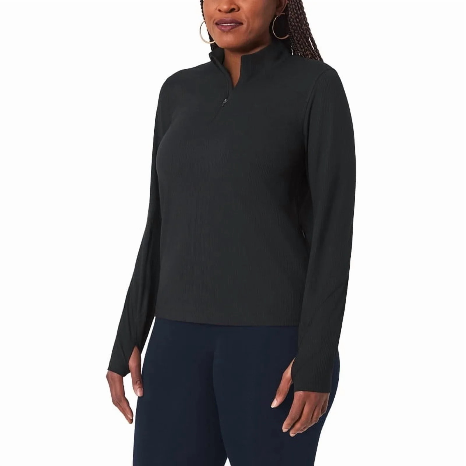 Mondetta Women's Long Sleeve Active Ribbed Quarter-Zip Pullover with Thumb Holes (Black, Large) | Walmart (US)