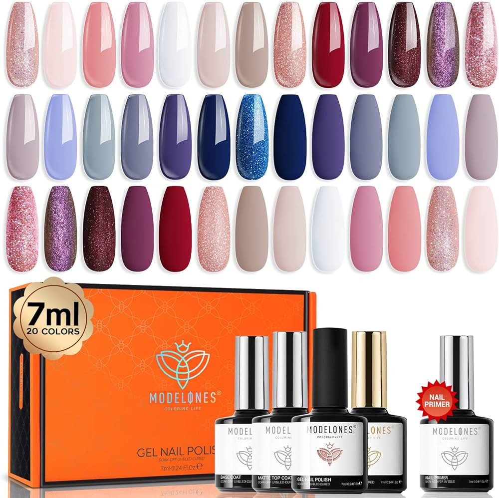 Modelones Gel Nail Polish Kit 24Pcs, 20 Colors 7ML Nude Gel Polish Set White Glitter Pink Navy Bl... | Amazon (US)
