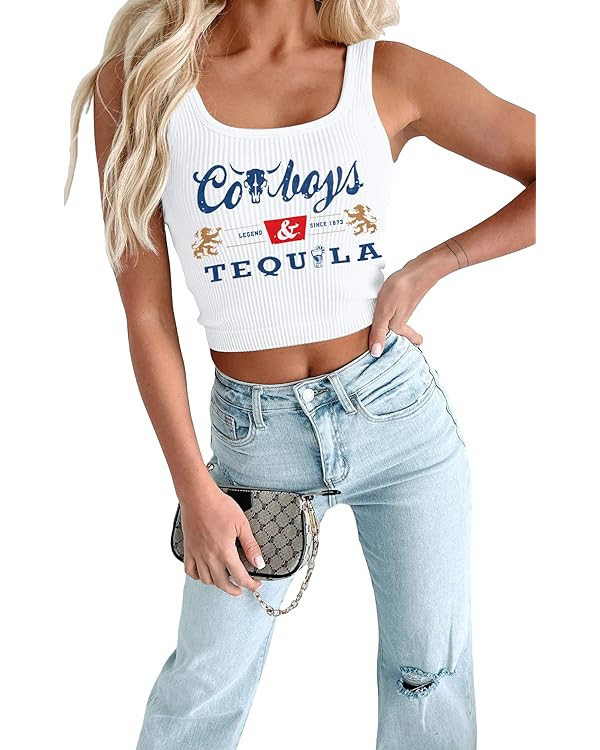 Western Cowgirl Tank Tops Women Country Music Crop Top Sleeveless Cowboy Graphic Cami Shirt | Amazon (US)