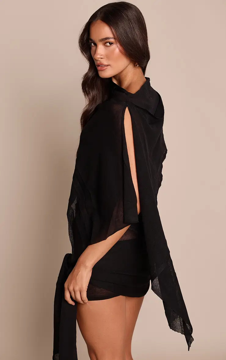 Black Sheer Knit Double Layer Drape Top | PrettyLittleThing UK