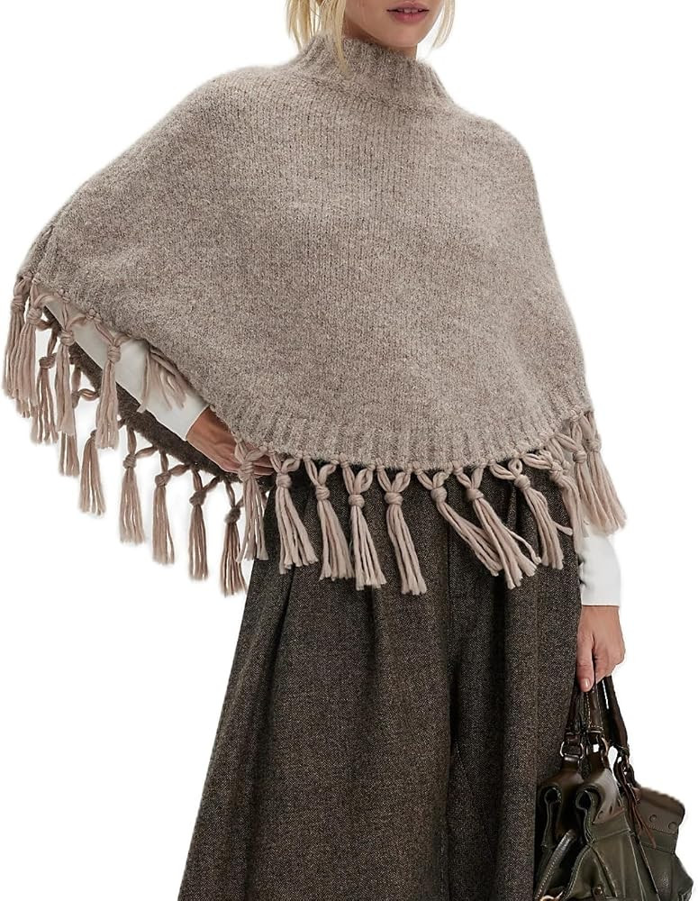 Women Tassel Poncho Sweater Y2K Knitted Pullover Poncho Shawl Lightweight Fringe Wrap Cardigan Kn... | Amazon (US)