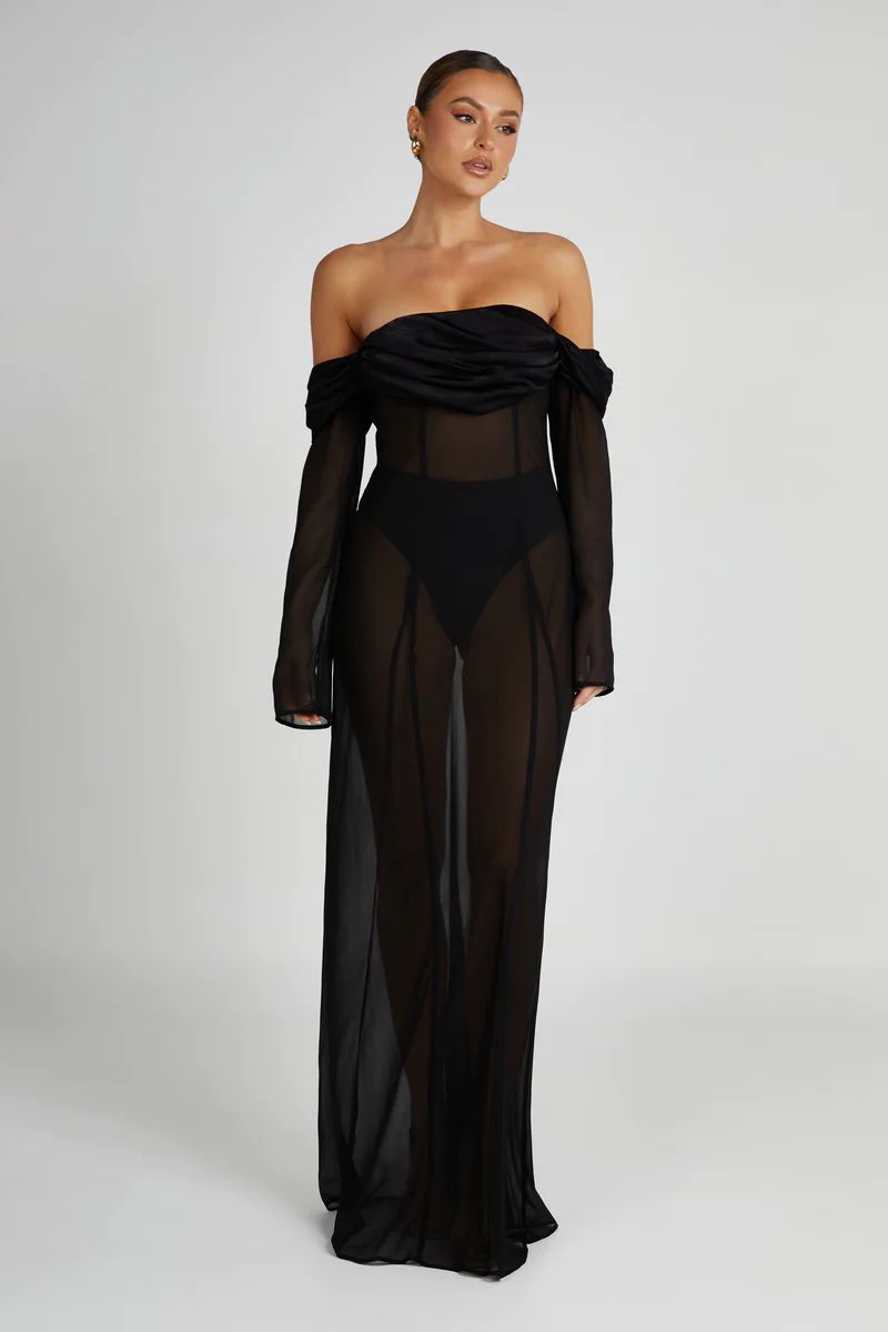 Ivanna Off Shoulder Chiffon Maxi Dress - Black | MESHKI US