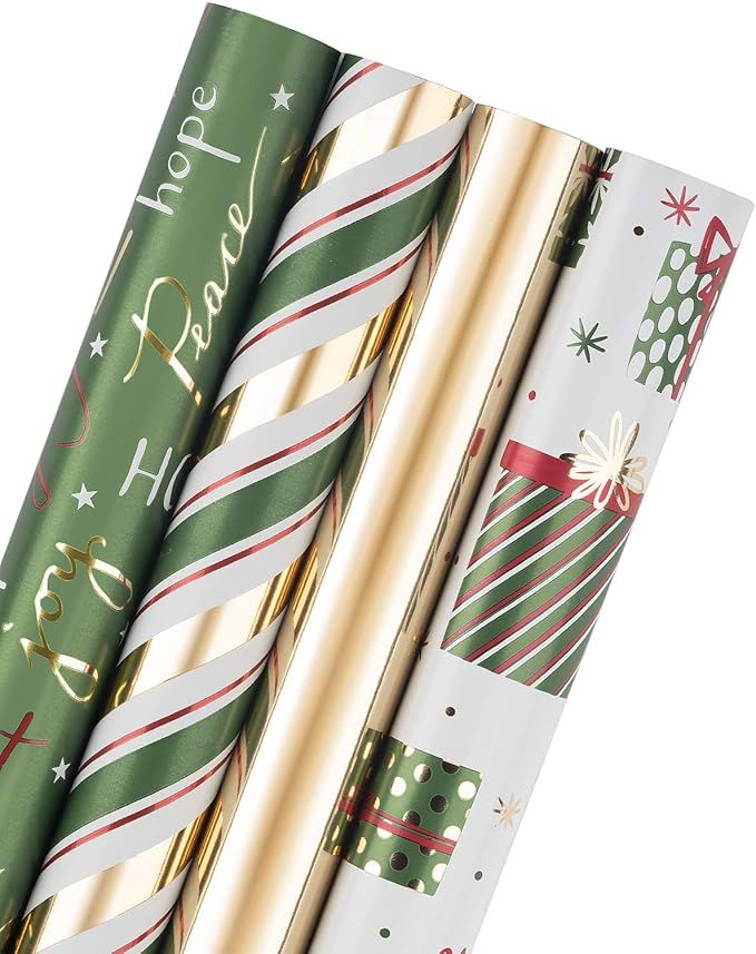 WRAPAHOLIC Christmas Wrapping Paper Roll - Stripe and Green Box Holiday Set with Glitter Matallic... | Amazon (US)