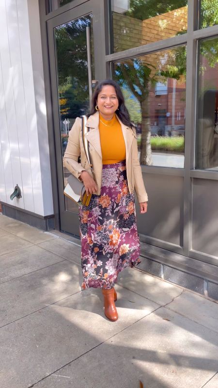 Fall outfit ideas- @maurices wrap skirt in size M 
@express sweater tee in size M
@blanknyc vegan leather jacket in size M 
@madewell knee high boots 

#LTKmidsize #LTKxMadewell #LTKfindsunder50