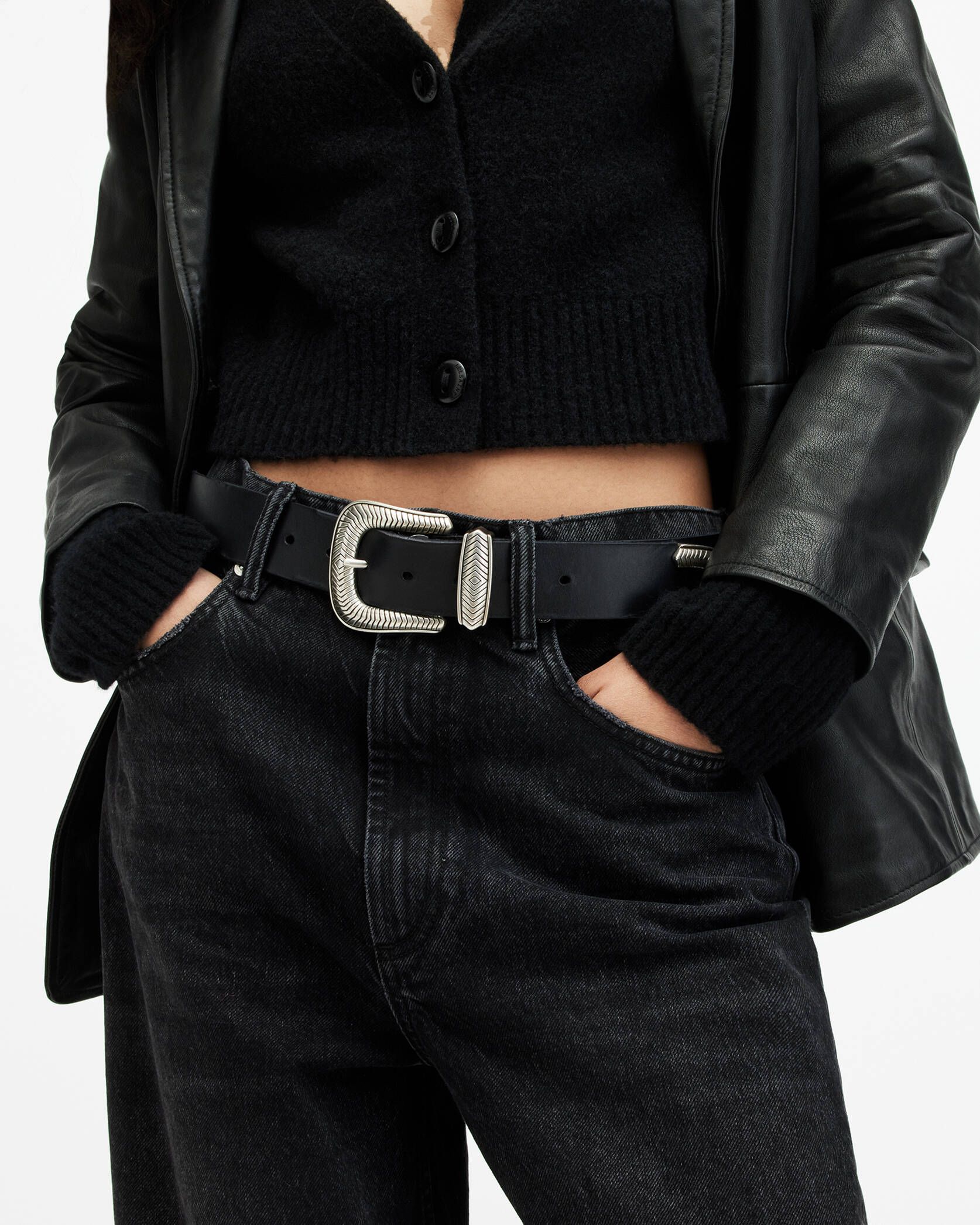 Skylar Western Buckle Leather Belt BLACK/ANTQ NICKEL | ALLSAINTS | AllSaints UK