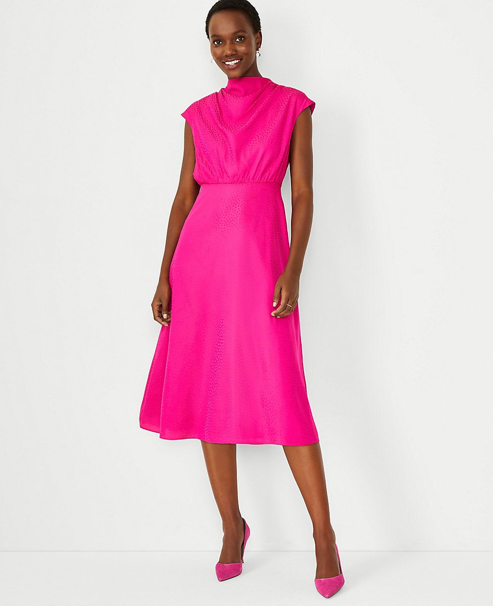 Paloma Dot Mock Neck Flare Dress | Ann Taylor (US)