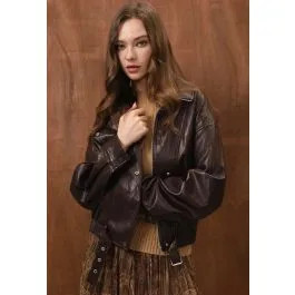 Swagger Collar Faux Leather Moto Jacket in Chocolate Brown for Daily Layering & Night‑out Look | Chicwish