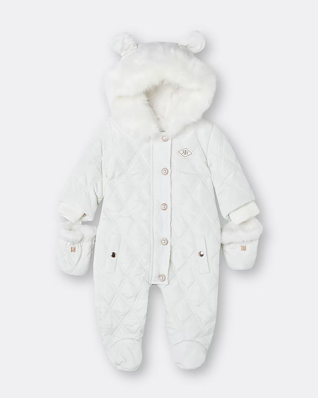 River Island Girls Baby white hooded quilted snowsuit | River Island (US)