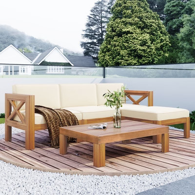 CAVINAS 5-Piece Patio Outdoor Seating Sets, Sectional Sofa Seating Group Set with Cushions, Natural Finish and Beige Cushions | Target