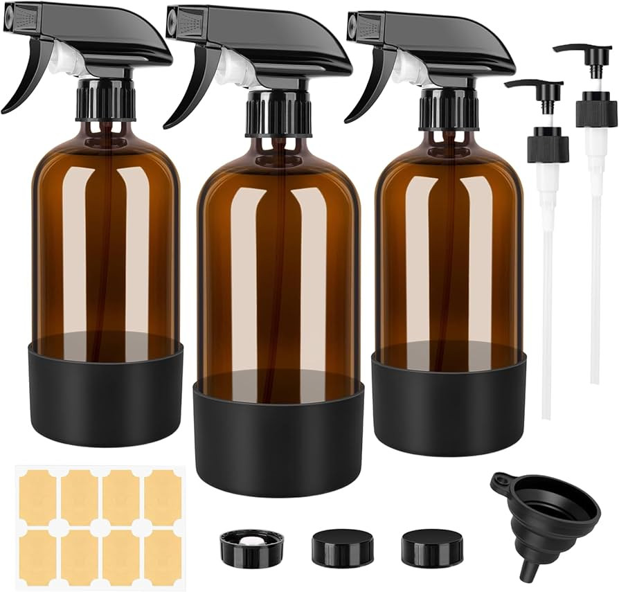 Amber Glass Spray Bottles 3 Pack, 500ml Glass Spray Bottles Refillable Water Spray Bottle with Ad... | Amazon (UK)