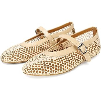 DOEYG Mesh Ballet Flats for Women Buckle Strap Comfy Casual Office Fishnet Ballerina Flat Shoes | Amazon (US)