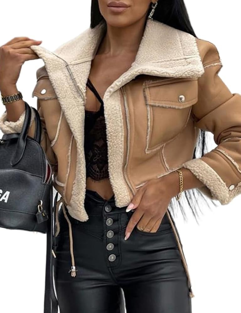 Mywinway Womens Cropped Suede Sherpa Lined Leather Jacket Fall Winter Faux Leather Bomber Aviator... | Amazon (US)