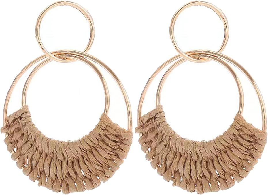 Raffia Hoop Earrings for Women, Boho Statement Handmade Unique Summer Tropical Straw Woven Loop C... | Amazon (US)