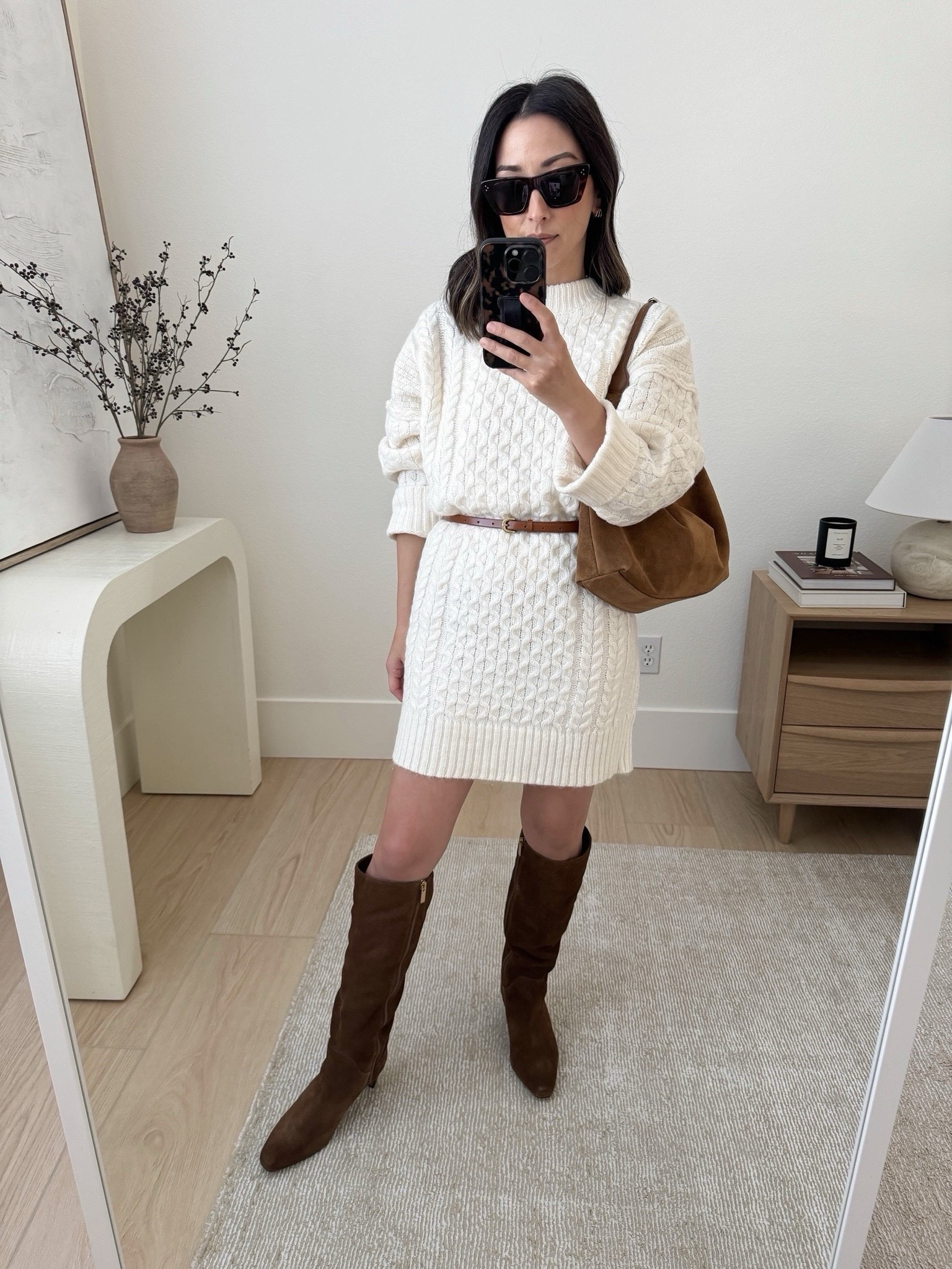 Topshop cable knit mini sweater dress. Runs oversized, but I love the fit. it does run long, so I used a belt to help make it shorter in length. On sale! 

Topshop dress xs
Vince Camuto boots 5.5. Much darker in person. So comfy!
Little Liffner should bag in chestnut
Celine sunglasses

Winter outfits, fall outfits, dresses, petite style, 

#LTKSeasonal #LTKFindsUnder100 #LTKSaleAlert