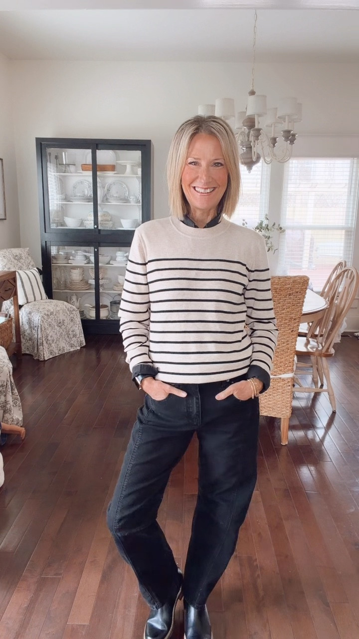 Casual, comfy, and still put together. Easy stripes + barrel jeans for a simple but cute everyday look.  Sweater - small / Jeans - 2

#LTKPetite #LTKootd #LTKOver40