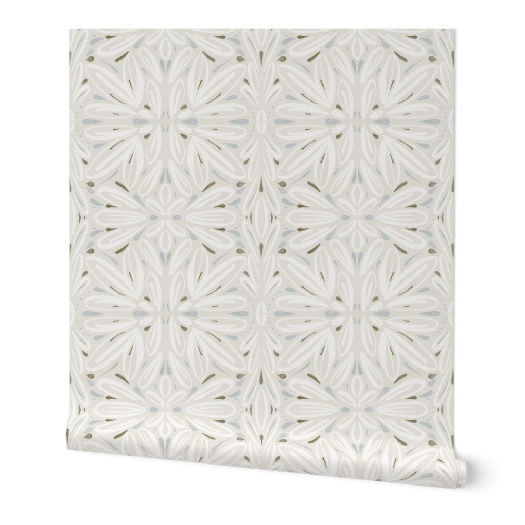 Wallpaper in Abstract symmetrical floral white on beige | Spoonflower