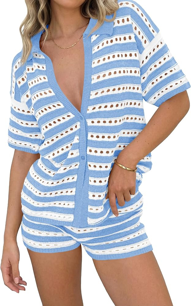 Saodimallsu Womens Crochet Swimsuit Coverup Summer 2 Piece Outfits Striped Knit Short Sleeve Butt... | Amazon (US)
