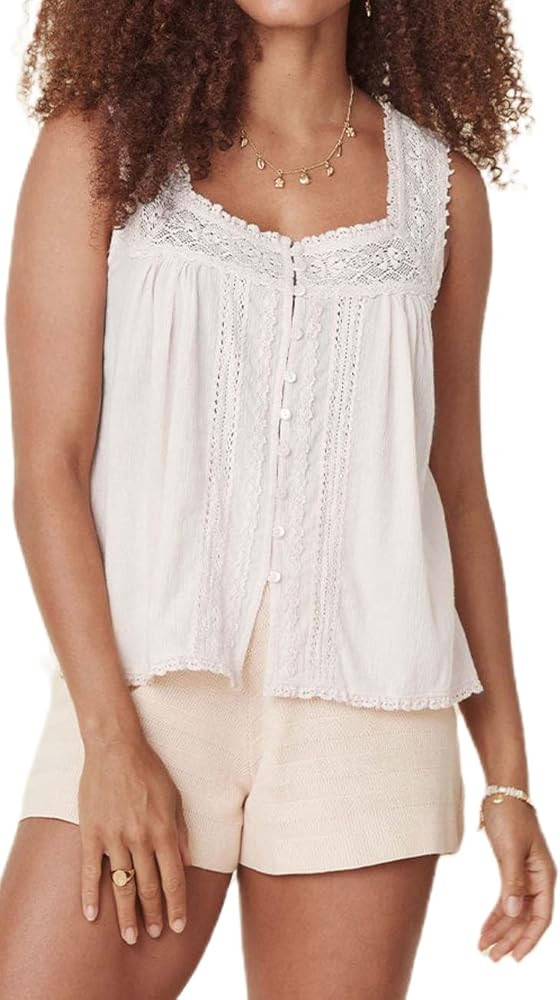 Women Sleeveless Ruffle Lace Trim Flowy Tank Top Boho Semi Sheer Chiffon Beach Blouse Y2k Going O... | Amazon (US)