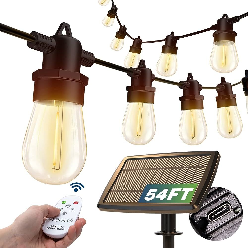 addlon 54(48+6) FT Solar String Lights Outdoor Waterproof with USB Port & Remote Control Solar Pa... | Amazon (US)