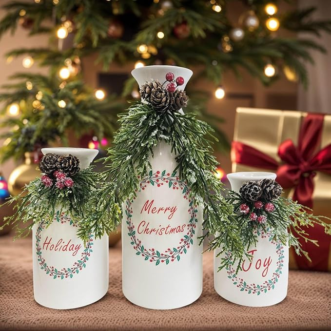 Christmas Ceramic White Bottles Set of 3 Flocked with Mixed Artificial Xmas Decorations, Christma... | Amazon (US)