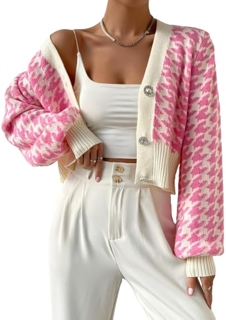 Verdusa Women's Houndstooth Pattern Lantern Sleeve Button Cropped Cardigan Sweater | Amazon (US)