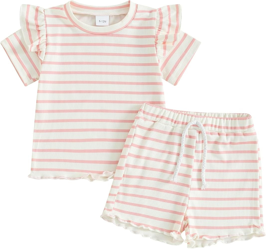 Kupretty Toddler Baby Girl Summer Clothes Ruffle Ribbed Knit Short Sleeves T-Shirt Tops + Shorts ... | Amazon (US)