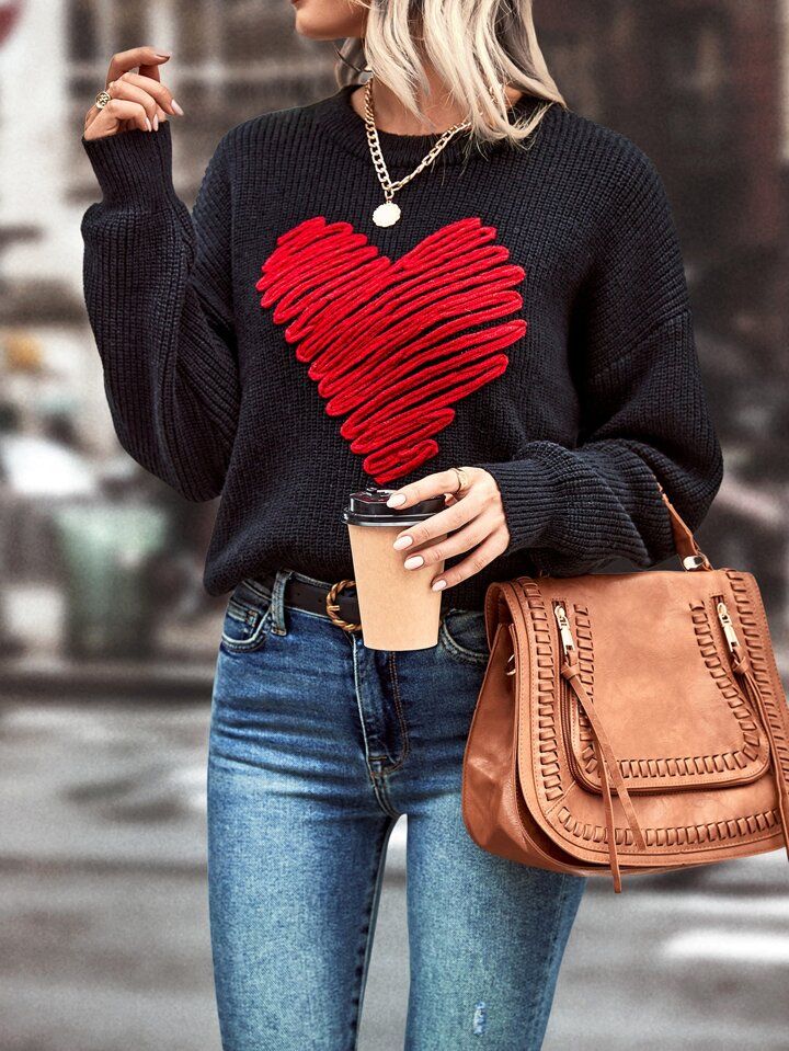 SHEIN LUNE Heart Pattern Drop Shoulder Sweater | SHEIN
