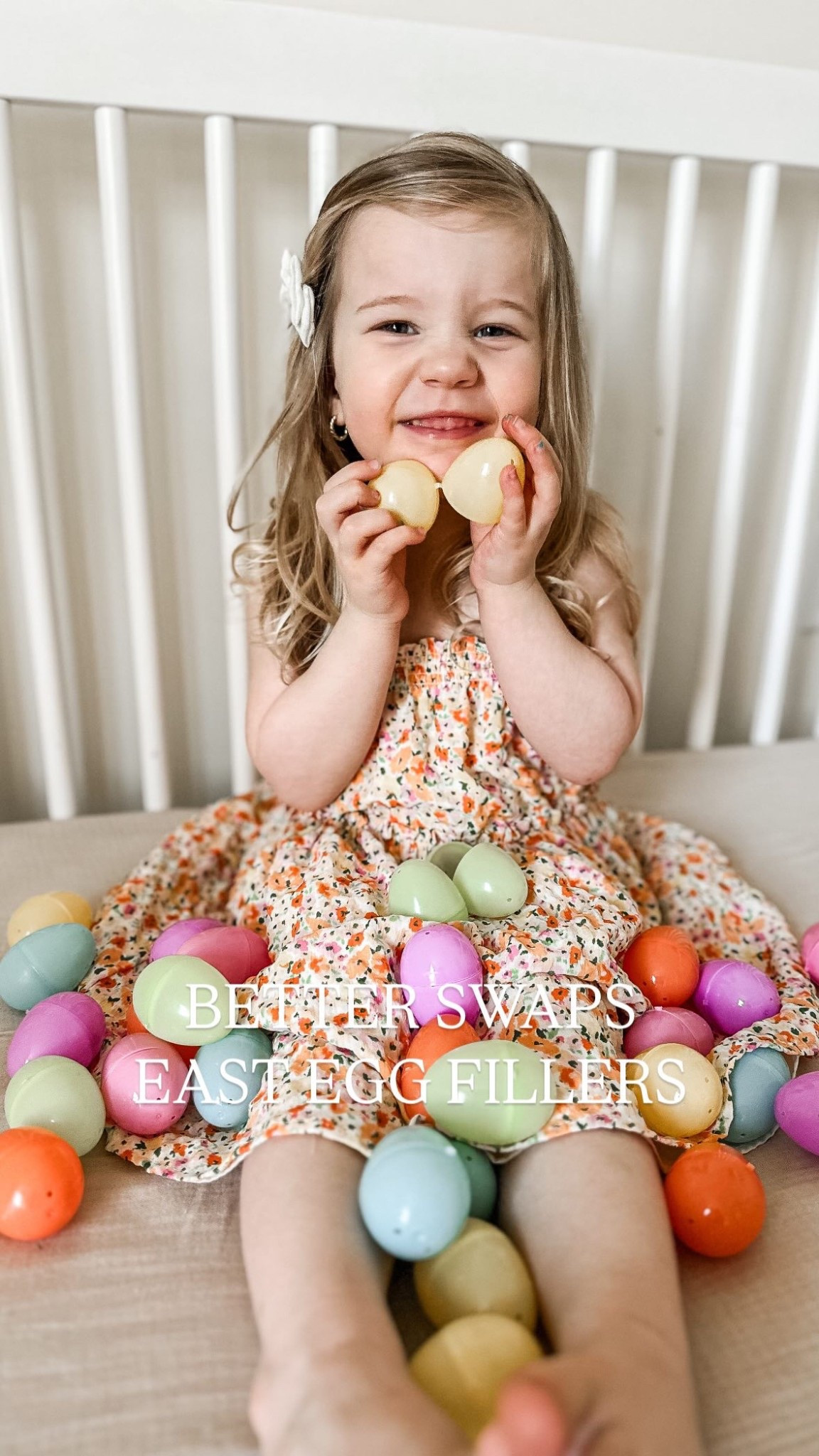 Looking for cleaner options to fill your Easter eggs with? Here are some simple swaps your kids will still love 🐣

• @amarababyfood smoothie melts 
• organic raisins
• @solelyfruit gummies
• @annieshomegrown cheddar bunnies
• dark chocolate chips
• “cheerios” (we use a cleaner brand)
• freeze dried fruit
• @puffworks nut butter puffs
• stickers
• @yumearth gummies

Sloane says you can still have a “hoppy” Easter with less dyes and added sugars!

Easter | Easter egg | candy | Easter ideas | Easter egg candy | clean swaps | clean living