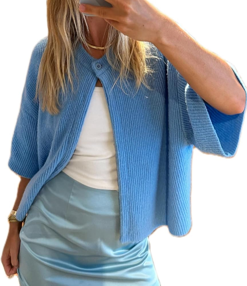 Women Y2k Knitted Crop Cardigan Short Sleeve Button Up Rib Knit Solid Color Cute Sweater Shirt | Amazon (US)