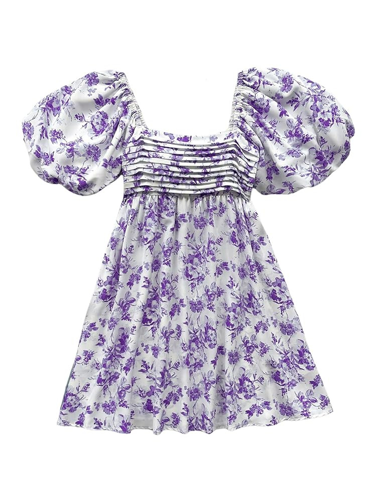 Floerns Women's Floral Dress Puff Sleeve Dress Square Neck Summer Vacation Picnic Mini Dresses | Amazon (US)
