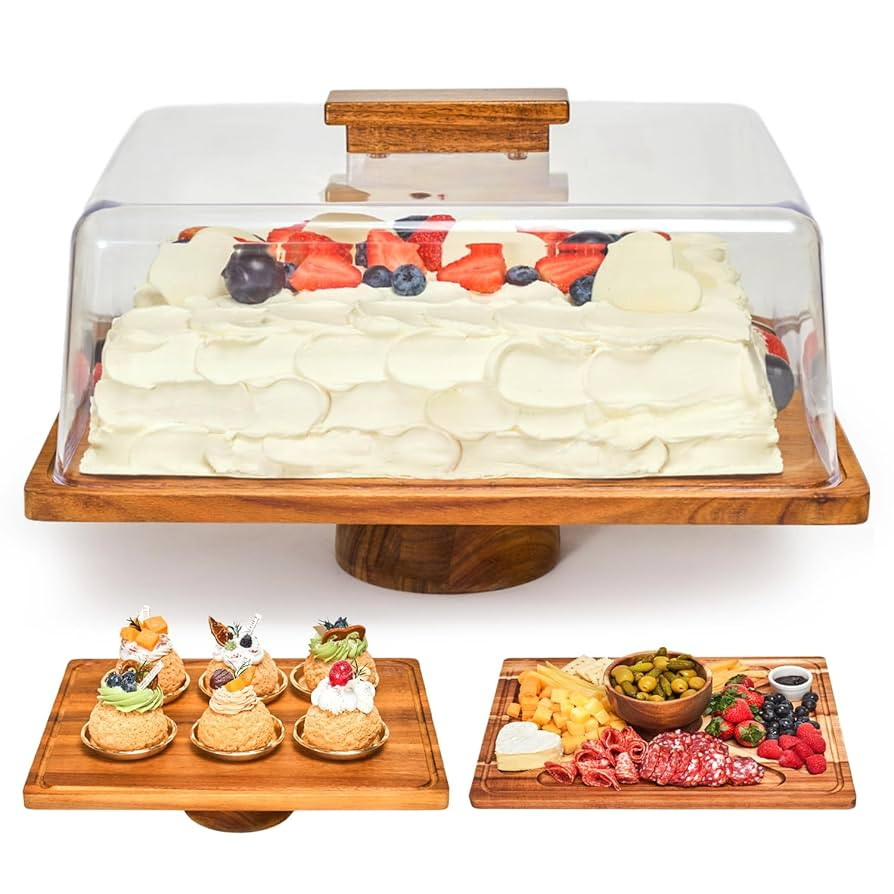 Acacia Wood Cake Stand with Lid –2-in-1 Rectangular Charcuterie Board & Dessert Display, Shatte... | Amazon (US)