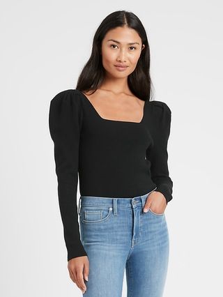 Petite Square-Neck Puff-Sleeve Sweater Top | Banana Republic (US)