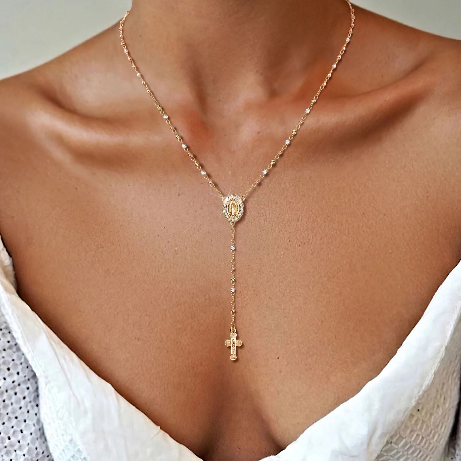 Women's Gold Virgin Mary Necklace - 14k Gold Plated Rosary Bead Cross Lariat Necklaces,Hypoallerg... | Walmart (US)