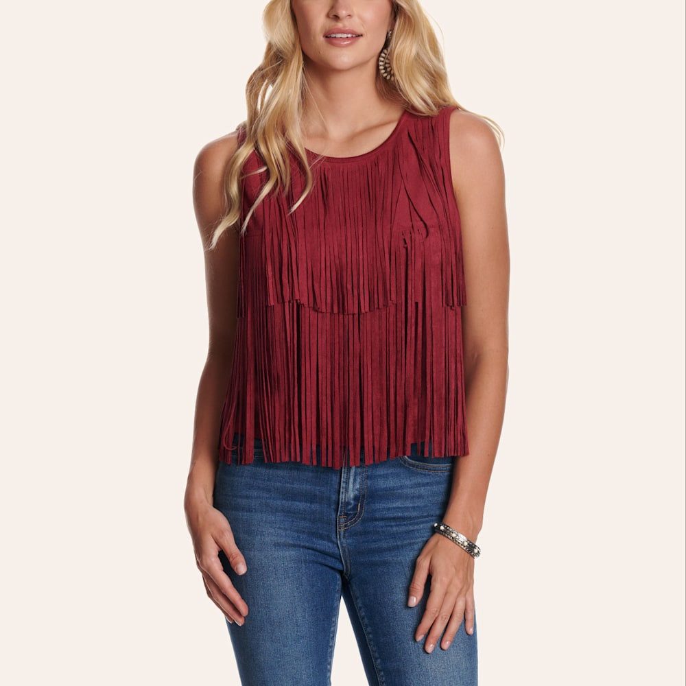Rockin' C Women's Burgundy Faux Suede Fringe Tank Top | Cavender's