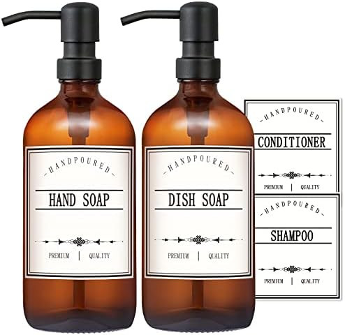 GMISUN 16oz Amber Glass Soap Dispenser with Rustproof Matte Black Stainless Steel Pump, 2 Pack Dish  | Amazon (US)