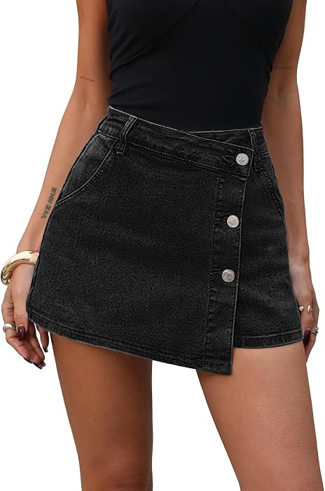 ELLEVEN Denim Wrap Mini Skorts with Button Front | Amazon (US)