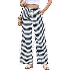 EVALESS Striped Pants Women Casual Wide Leg Drawstring Elastic Waist Kint Trousers Lounge Sweatpa... | Amazon (US)