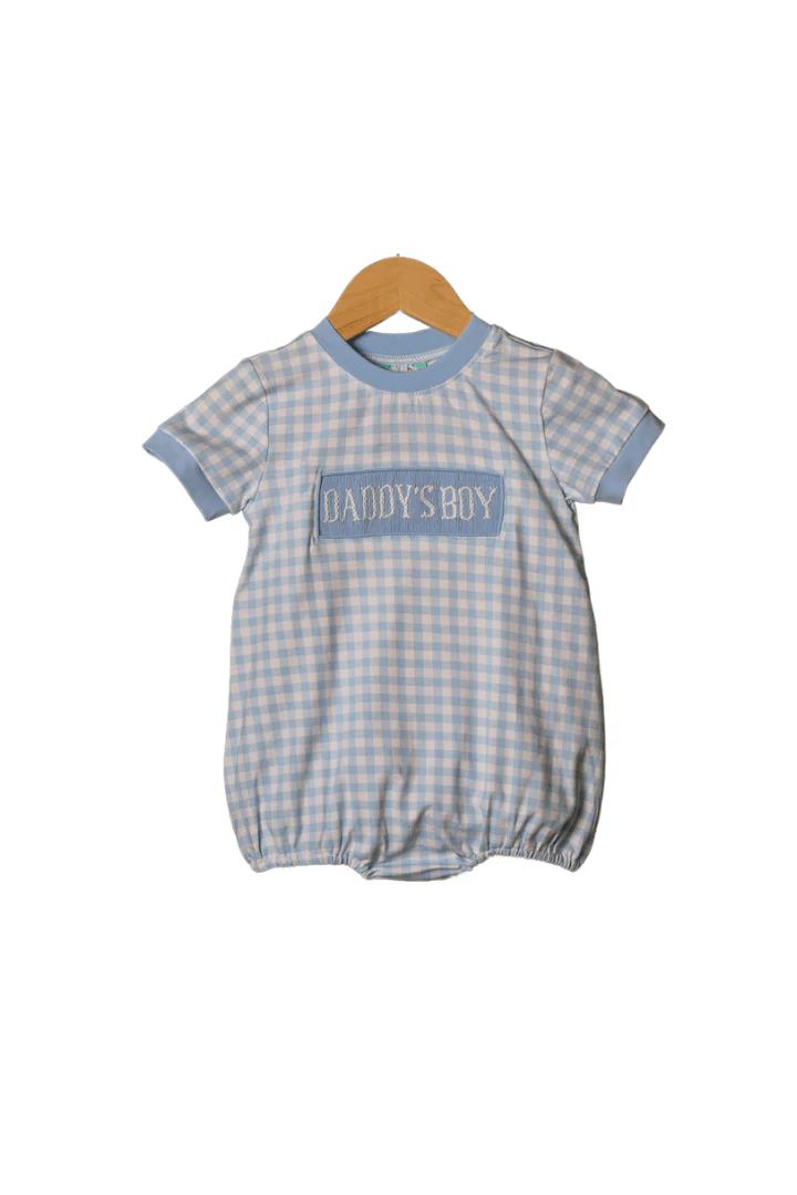 Smocked Daddy's Boy Blue Gingham Knit bubble | The Smocked Flamingo