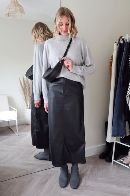 Maxi leather skirt outfit with cashmere oversized rollneck grey knitwear, knitted knee boots #leather #skirt #knitwear 

#LTKSeasonal #LTKshoecrush #LTKstyletip