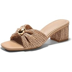 Coutgo Womens Low Chunky Block Heels Raffia Sandals Square Open Toe Slip On Slides Summer Beach D... | Amazon (US)